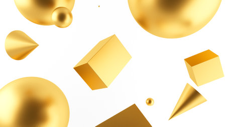3D illustration of set of primitives golden objects, abstract wallpaper