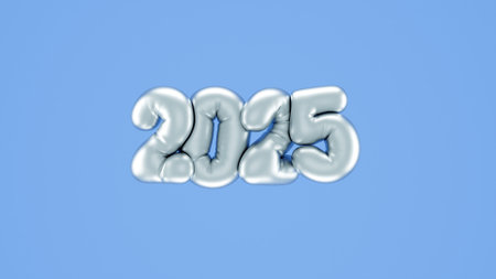 3D illustration of 2025 New Year numbers in the form silver inflated balloonsの写真素材