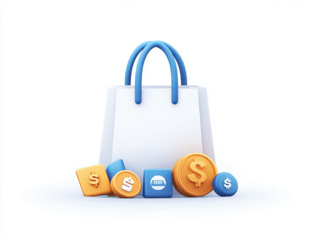 3D rendering of a shopping bag and currency symbols.  Illustrates online shopping and digital paymentsの素材