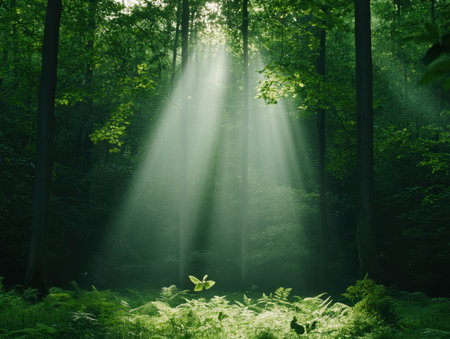 Sunlight streams through a lush forestの素材