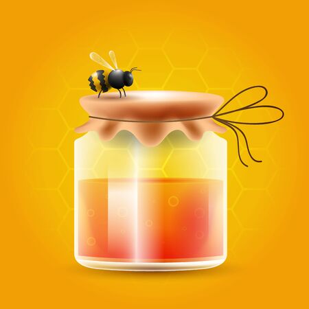 Honey container with bee on top of the containerのイラスト素材