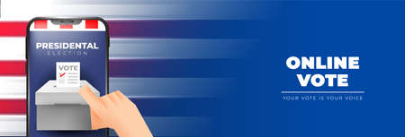 Voting online concept. Hand putting voting paper in the ballot box on a phone screenのイラスト素材