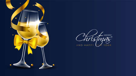 Merry christmas postcard design with two champagne flutesのイラスト素材