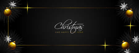Merry christmas banner with gold ornamentsのイラスト素材