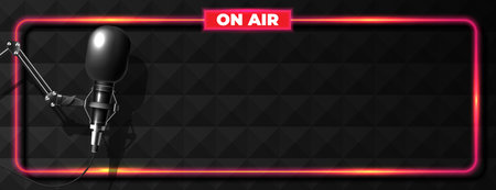 Microphone on black background, broadcasting or podcasting banner with copy spaceのイラスト素材