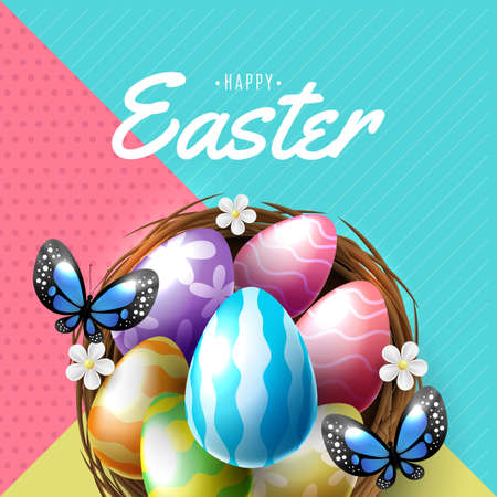 Easter poster and banner template with Easter eggs in the nestのイラスト素材