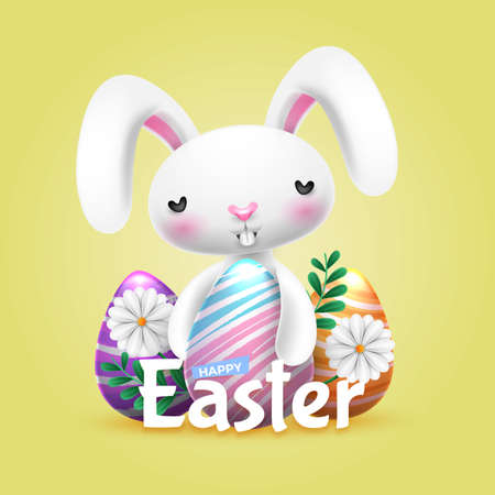 Happy easter illustration with colorful painted egg and rabbitのイラスト素材
