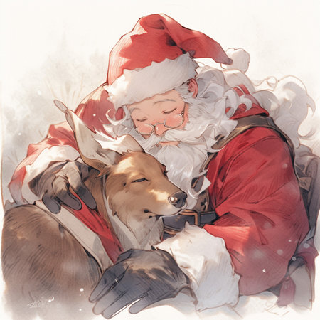 Santa petting one of his reindeer, with a fond smile on his faceの素材