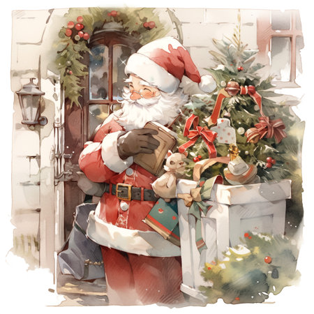 Santa on the doorstep of a house, leaving gifts under the treeの素材