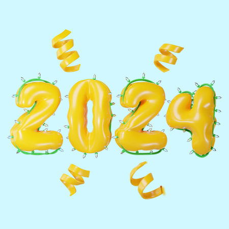 Happy New Year 2024. 3D illustration of yellow foil balloon numeral on blue background