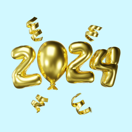 Happy New Year 2024. Gold balloons with ribbons. 3d illustrationの写真素材