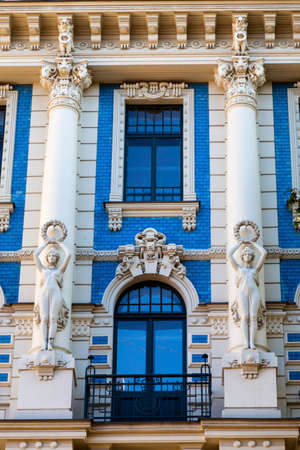Facade of blue and white Art Nouveau  jugendstil  building, Riga Latvia   のeditorial素材