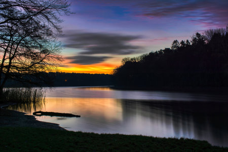 Sunset over the lake with trees and grass in the foreground.の写真素材