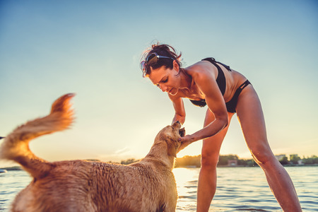 Woman and her dog playing on the beachの写真素材