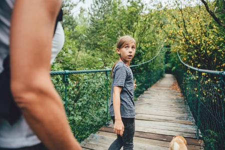 Mother and daughter walking over wooden suspension bridge with small yellow dog in the forestの写真素材