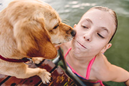Little girl getting out of water while dog licking her faceの写真素材