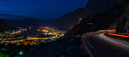 Bay of Kotor at night during duskの写真素材