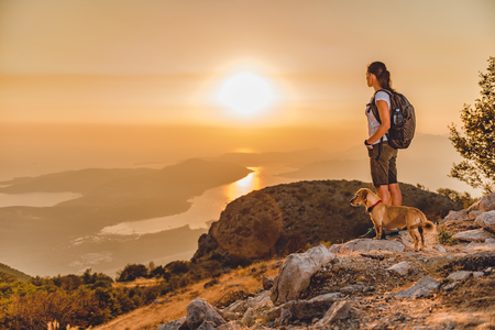 Woman with a dog sitting on a mountain and looking at a bay during sunsetの写真素材