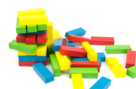 Wooden building blocks isolated on white backgroundの写真素材