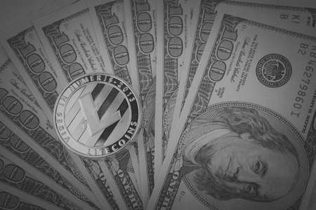 Litecoin golden coin New virtual money and dollar backgroundの写真素材