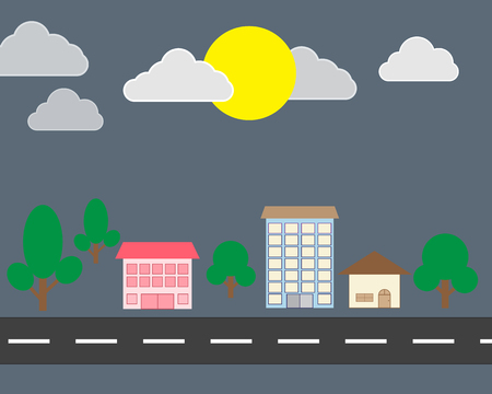 A modern houses with tree and clouds and along the roadsのイラスト素材