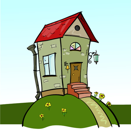 Cute cartoon house with red roof on a green hillのイラスト素材