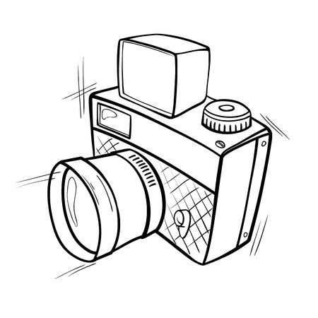 Cartoon black and white sketch of a photo cameraのイラスト素材