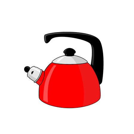 Red whistling kettle with black plastic handle on a white backgroundのイラスト素材
