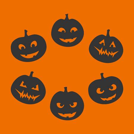Halloween set of six silhouettes of jack-o'-lantern with a different facial expression, from good to evil, black on orange background. Vector graphics.のイラスト素材