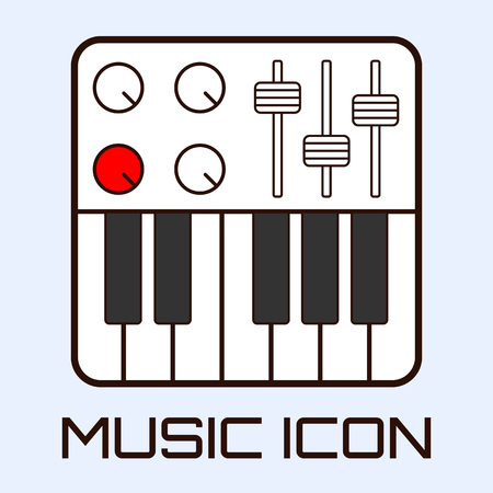 Lineart musical icon of midi keyboard or electric piano, white on light blue background. Vector graphics.のイラスト素材
