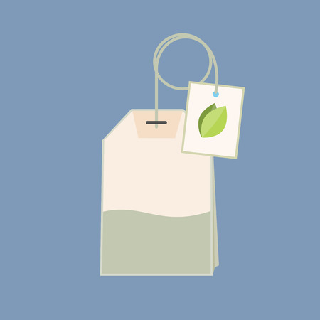 Flat style tea bag icon with green leaf on a label. Vector graphics.のイラスト素材