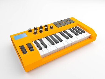 Yellow two octave midi keyboard with pads and rotary knobs on white background. Low poly 3d rendering.の写真素材