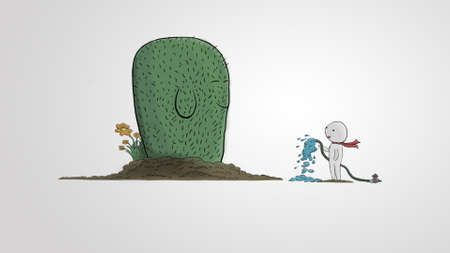 The little person who watered the bigger cactusの写真素材