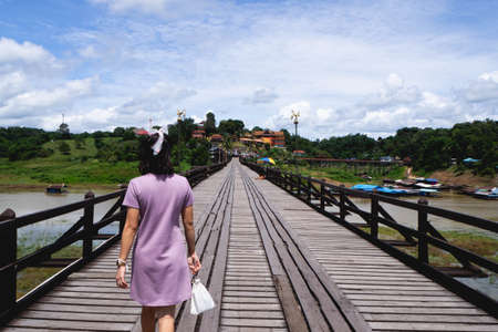 Mon Bridge or Wooden Bridge in Kanchanaburi, Thailandの写真素材