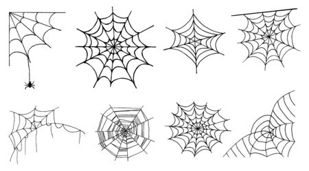 Set of Halloween monochrome spider web on white background. Decorative element for invitations cards, textile, print and design.のイラスト素材