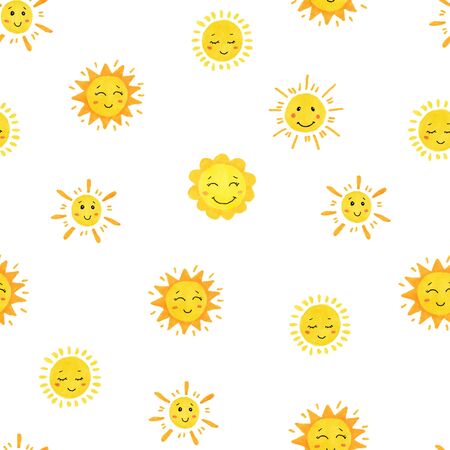 Painted cute yellow suns on a white background. Seamless pattern for fabric design, Wallpaper, baby design, postcards.の写真素材