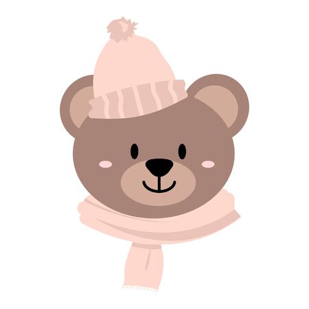 Cute hand drawn smiling bear in winter hat and scarf. Cartoon zoo. Vector illustration. Animal for the design of childrens products in scandinavian style.の写真素材
