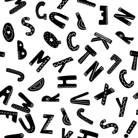 Seamless pattern with randomly scattered English letters on a white background. Monochrome scandinavian print in black and white stylish colors. Modern vector design.の写真素材