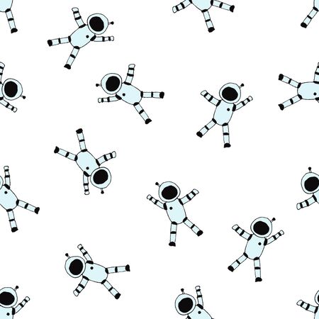 Space seamless background. Cute cosmonauts, funny white background. Hand drawn artwork. Doodle wallpaper pattern.の写真素材
