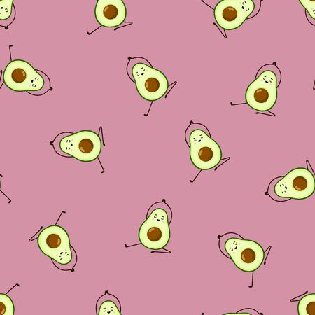 Seamless pattern of Avocado yoga. Avocado character design on white background. Yoga for pregnant women. Cute illustration for greeting cards, stickers, fabric, and prints.のイラスト素材