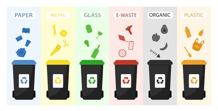 Garbage cans vector flat illustrations. Sorting garbage. Ecology and recycle concept. Black recycle trash bins isolated on white backgroundのイラスト素材