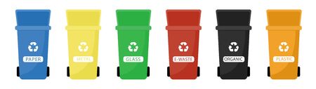 Garbage cans vector flat illustrations. Sorting garbage. Ecology and recycle concept. Colorful open recycle trash bins isolated on white background.の写真素材