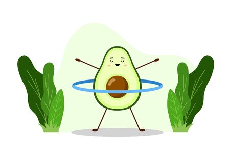 Avocado sport with  hoop. Avocado character design on white background. Morning exercises or yoga for pregnant women. Cute illustration for greeting cards, stickers, fabric, websites and prints.のイラスト素材
