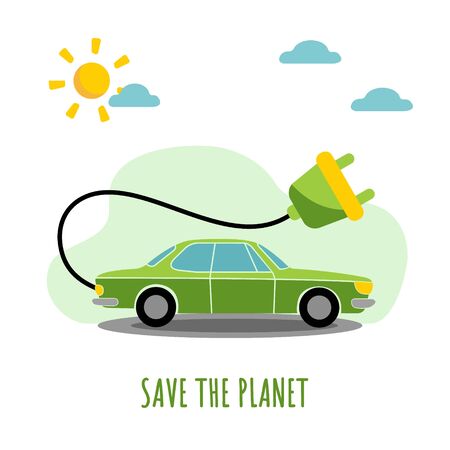 Electric car. Save the planet. Flat design ecology concept with natural elements. Mother earth day. Green energy.のイラスト素材