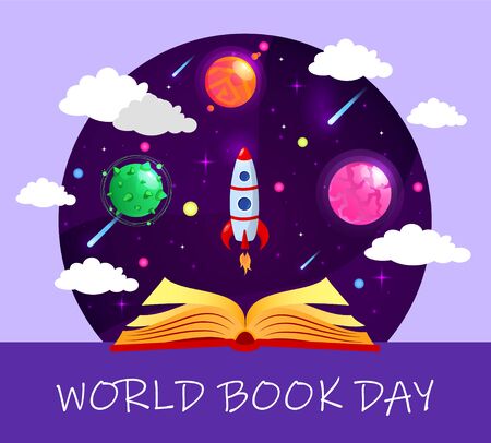 World book day. Fly with the book. The book and rocket in space with purple background. Education and creative conceptのイラスト素材