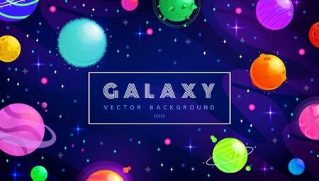 Horizontal space background with abstract shape and planets. Web design. Space exploring. Vector illustration of galaxy. Concept of web banner.のイラスト素材