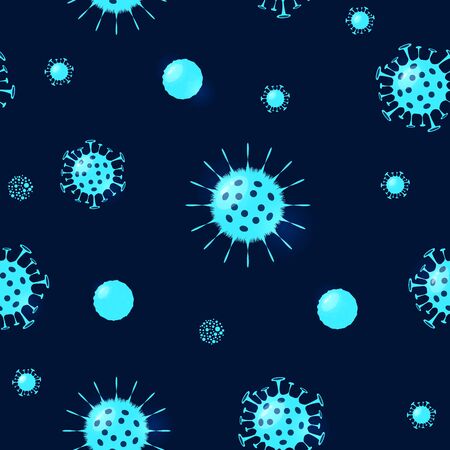 Different Kinds of Viruses. Bacteria Biology Organisms Seamless Pattern. New Coronavirus 2019-nKoV. Design concept for protection against a viral pandemic. Flat vector illustration.のイラスト素材