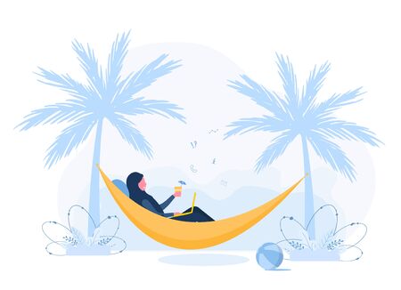 Womens freelance. Arabian girl in hijab with laptop lies in hammock under palm trees with cocktail. Concept illustration for working outdoors, studying, communication, healthy lifestyle. Flat styleのイラスト素材