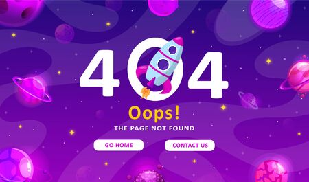 Error 404, page not found. Space exploration modern background. Cute gradient template with planets...