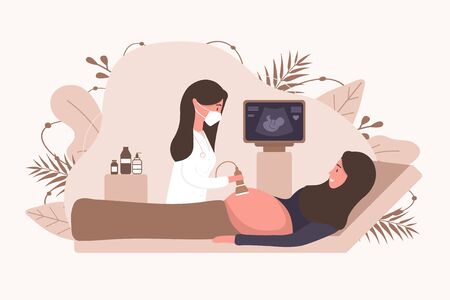 Ultrasound muslim pregnancy screening concept. Female doctor in medical uniform scanning arab mother. Girl with belly looking in monitor smiling. Embryo baby health diagnostic illustration.のイラスト素材